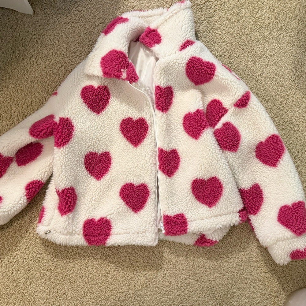 SHEIN White and Pink Fleece Jacket